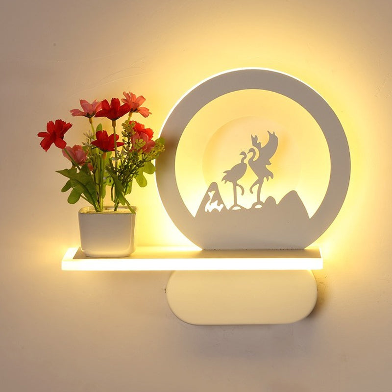 Study Room Big O Wall Lamp with Shelf Acrylic Romantic White Finish Sconce Light White Crane Clearhalo 'Wall Lamps & Sconces' 'Wall Lights' Lighting' 202261