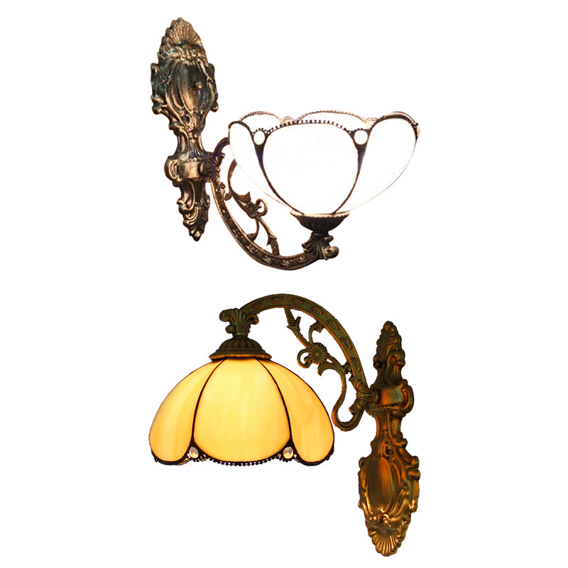 Blue/Beige Flower Shade Wall Sconce Light Stained Glass 1 Head Wall Mount Light in Antique Brass Clearhalo 'Industrial' 'Middle century wall lights' 'Tiffany wall lights' 'Tiffany' 'Wall Lamps & Sconces' 'Wall Lights' Lighting' 20239