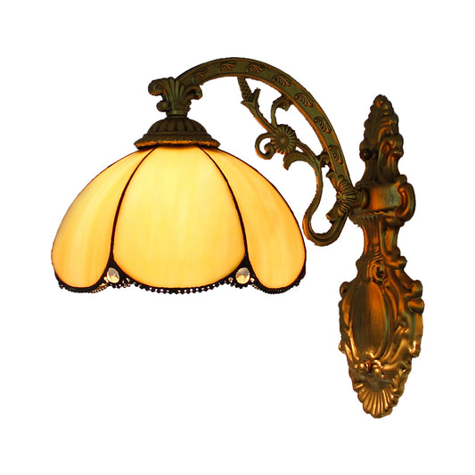 Blue/Beige Flower Shade Wall Sconce Light Stained Glass 1 Head Wall Mount Light in Antique Brass Clearhalo 'Industrial' 'Middle century wall lights' 'Tiffany wall lights' 'Tiffany' 'Wall Lamps & Sconces' 'Wall Lights' Lighting' 20243