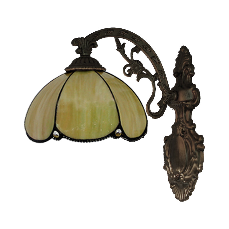 Blue/Beige Flower Shade Wall Sconce Light Stained Glass 1 Head Wall Mount Light in Antique Brass Clearhalo 'Industrial' 'Middle century wall lights' 'Tiffany wall lights' 'Tiffany' 'Wall Lamps & Sconces' 'Wall Lights' Lighting' 20244