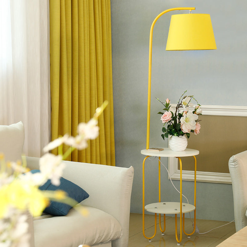 Modernist Drum Standing Lighting Fabric 1 Light Living Room Floor Light with 2-Layer Tray Yellow A Clearhalo 'Floor Lamps' 'Lamps' Lighting' 2024496