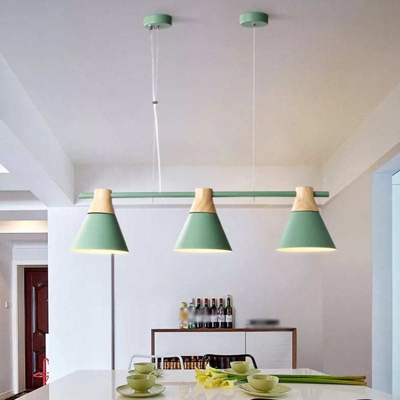 Metallic Cone Hanging Light Kit Modernism 3 Heads Island Lighting Fixture with Wood Top Green Clearhalo 'Ceiling Lights' 'Island Lights' Lighting' 2024500