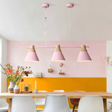 Metallic Cone Hanging Light Kit Modernism 3 Heads Island Lighting Fixture with Wood Top Pink Clearhalo 'Ceiling Lights' 'Island Lights' Lighting' 2024502