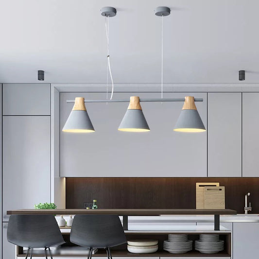 Metallic Cone Hanging Light Kit Modernism 3 Heads Island Lighting Fixture with Wood Top Grey Clearhalo 'Ceiling Lights' 'Island Lights' Lighting' 2024504
