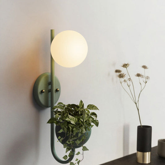 Macaron Sphere Wall Lighting Opal Glass 1 Bulb Bedroom Sconce Light with Metal Dome Pot Clearhalo 'Cast Iron' 'Glass' 'Industrial' 'Modern wall lights' 'Modern' 'Tiffany' 'Traditional wall lights' 'Wall Lamps & Sconces' 'Wall Lights' Lighting' 2024506