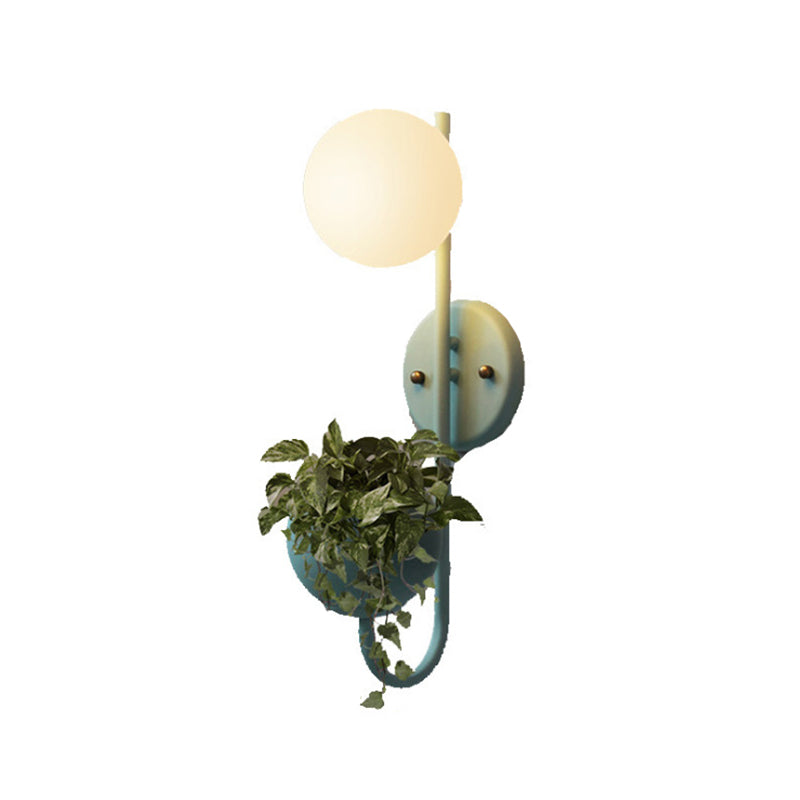 Macaron Sphere Wall Lighting Opal Glass 1 Bulb Bedroom Sconce Light with Metal Dome Pot Clearhalo 'Cast Iron' 'Glass' 'Industrial' 'Modern wall lights' 'Modern' 'Tiffany' 'Traditional wall lights' 'Wall Lamps & Sconces' 'Wall Lights' Lighting' 2024507
