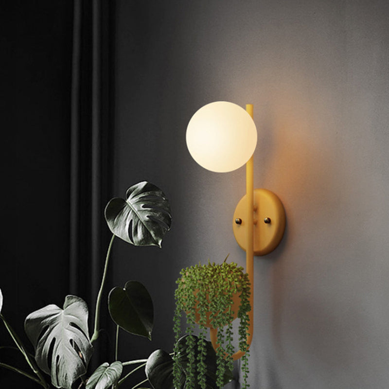 Macaron Sphere Wall Lighting Opal Glass 1 Bulb Bedroom Sconce Light with Metal Dome Pot Yellow Clearhalo 'Cast Iron' 'Glass' 'Industrial' 'Modern wall lights' 'Modern' 'Tiffany' 'Traditional wall lights' 'Wall Lamps & Sconces' 'Wall Lights' Lighting' 2024509