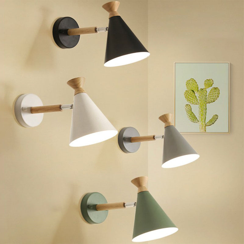 Iron Conical Wall Mounted Lamp Contemporary 1 Bulb Wall Lighting Ideas with Wood Top Clearhalo 'Cast Iron' 'Glass' 'Industrial' 'Modern wall lights' 'Modern' 'Tiffany' 'Traditional wall lights' 'Wall Lamps & Sconces' 'Wall Lights' Lighting' 2024533