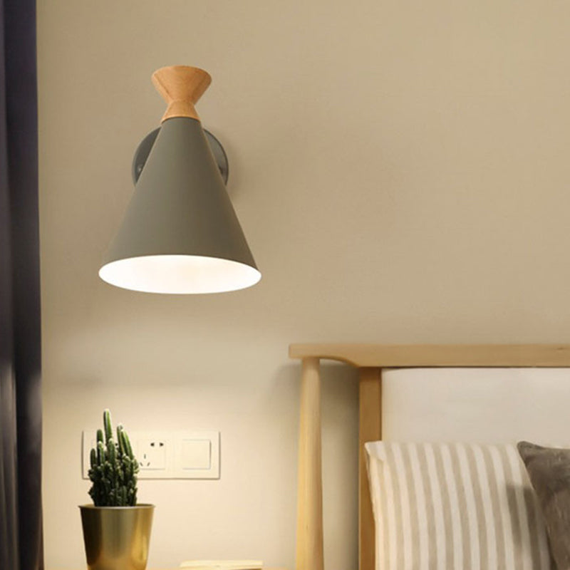 Iron Conical Wall Mounted Lamp Contemporary 1 Bulb Wall Lighting Ideas with Wood Top Grey Clearhalo 'Cast Iron' 'Glass' 'Industrial' 'Modern wall lights' 'Modern' 'Tiffany' 'Traditional wall lights' 'Wall Lamps & Sconces' 'Wall Lights' Lighting' 2024535