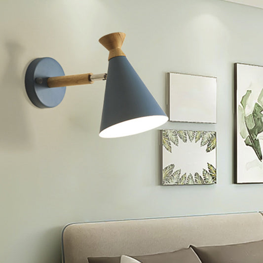 Iron Conical Wall Mounted Lamp Contemporary 1 Bulb Wall Lighting Ideas with Wood Top Blue Clearhalo 'Cast Iron' 'Glass' 'Industrial' 'Modern wall lights' 'Modern' 'Tiffany' 'Traditional wall lights' 'Wall Lamps & Sconces' 'Wall Lights' Lighting' 2024537