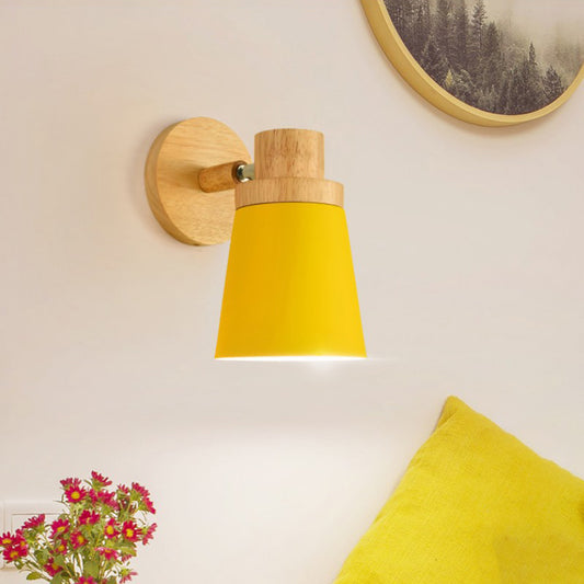 Barrel Wall Lamp Sconce Minimalist Metal 1-Head Living Room Wall Light Fixture with Wood Backplate Yellow Clearhalo 'Modern wall lights' 'Modern' 'Wall Lamps & Sconces' 'Wall Lights' Lighting' 2024546