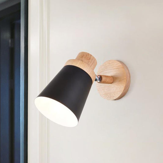 Barrel Wall Lamp Sconce Minimalist Metal 1-Head Living Room Wall Light Fixture with Wood Backplate Black Clearhalo 'Modern wall lights' 'Modern' 'Wall Lamps & Sconces' 'Wall Lights' Lighting' 2024550