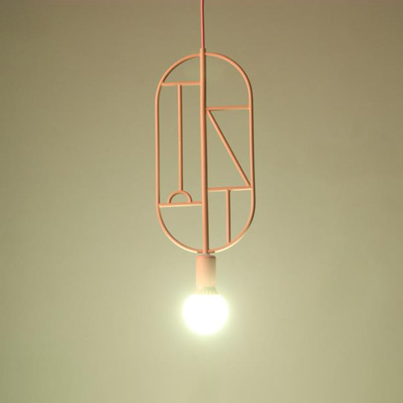 Geometric Frame Drop Lamp Simplicity Metallic 1 Head Bedroom Pendant Light Fixture with Bare Bulb Design Pink A Clearhalo 'Ceiling Lights' 'Modern Pendants' 'Modern' 'Pendant Lights' 'Pendants' Lighting' 2024599