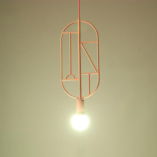 Geometric Frame Drop Lamp Simplicity Metallic 1 Head Bedroom Pendant Light Fixture with Bare Bulb Design Pink A Clearhalo 'Ceiling Lights' 'Modern Pendants' 'Modern' 'Pendant Lights' 'Pendants' Lighting' 2024599