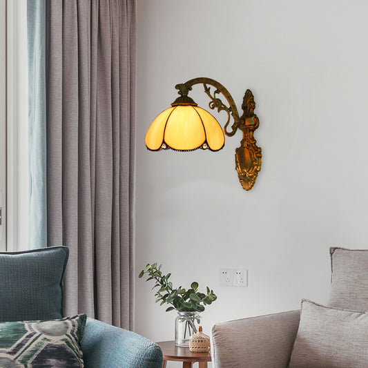 Blue/Beige Flower Shade Wall Sconce Light Stained Glass 1 Head Wall Mount Light in Antique Brass Beige Clearhalo 'Industrial' 'Middle century wall lights' 'Tiffany wall lights' 'Tiffany' 'Wall Lamps & Sconces' 'Wall Lights' Lighting' 20245