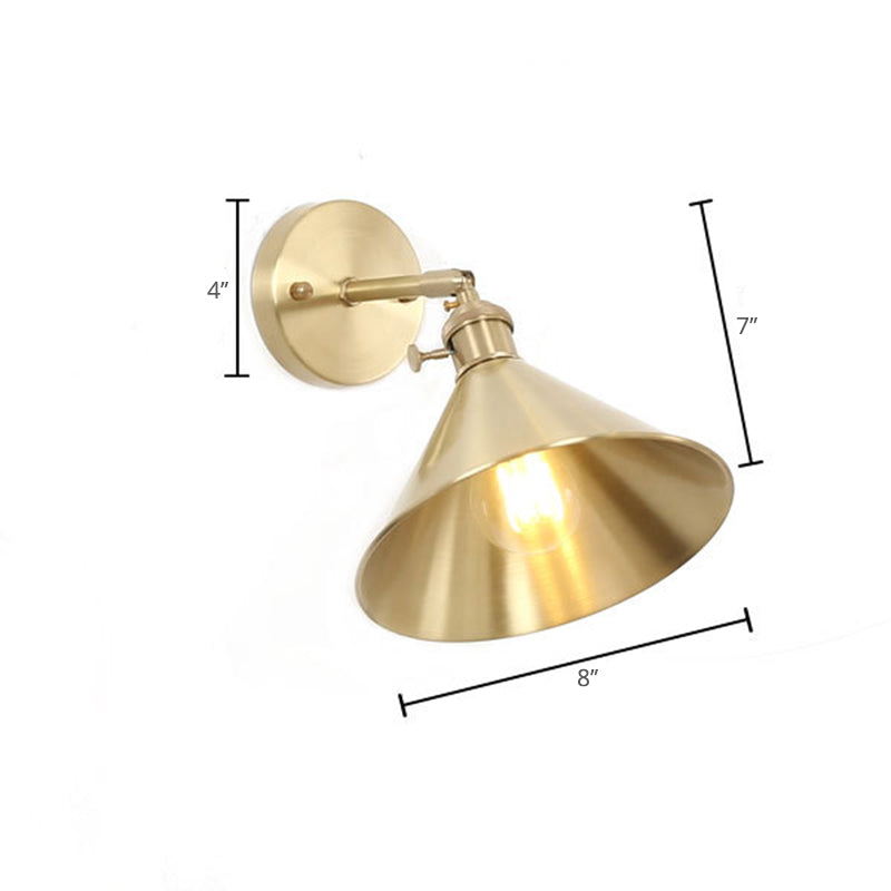 1 Light Cone Wall Lighting Ideas Industrial Brass Metal Wall Mounted Lamp for Bedside Clearhalo 'Art deco wall lights' 'Cast Iron' 'Glass' 'Industrial wall lights' 'Industrial' 'Middle century wall lights' 'Modern' 'Rustic wall lights' 'Tiffany' 'Traditional wall lights' 'Wall Lamps & Sconces' 'Wall Lights' Lighting' 2024646