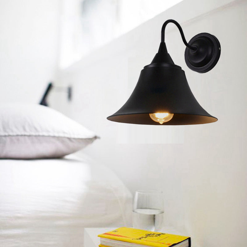 Flared Metal Wall Light Fixture Farmhouse 1 Head Dining Room Wall Lamp with Curved Arm Black Clearhalo 'Art deco wall lights' 'Cast Iron' 'Glass' 'Industrial wall lights' 'Industrial' 'Middle century wall lights' 'Modern' 'Rustic wall lights' 'Tiffany' 'Traditional wall lights' 'Wall Lamps & Sconces' 'Wall Lights' Lighting' 2024650