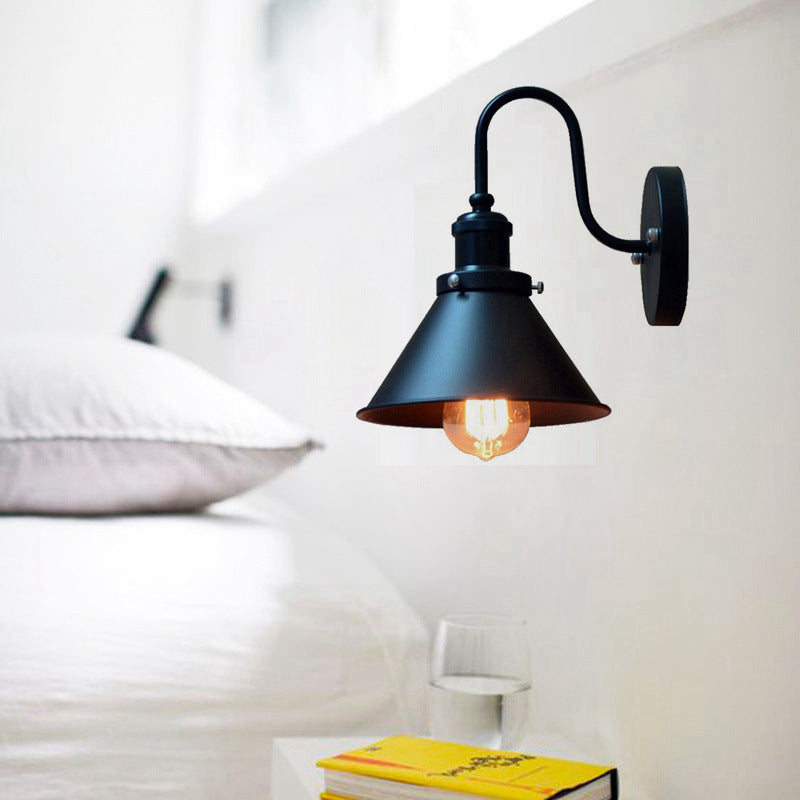 1-Bulb Wall Hanging Light Warehouse Bedside Wall Lighting with Conic Metal Shade in Black Black Cone Clearhalo 'Art deco wall lights' 'Cast Iron' 'Glass' 'Industrial wall lights' 'Industrial' 'Middle century wall lights' 'Modern' 'Rustic wall lights' 'Tiffany' 'Traditional wall lights' 'Wall Lamps & Sconces' 'Wall Lights' Lighting' 2024657