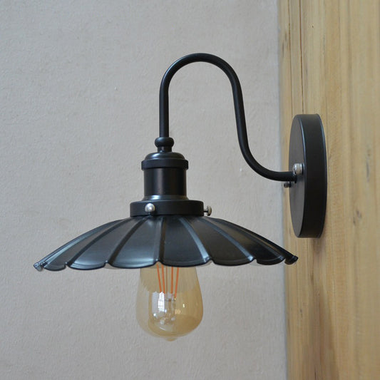 1-Bulb Wall Hanging Light Warehouse Bedside Wall Lighting with Conic Metal Shade in Black Black Scalloped Clearhalo 'Art deco wall lights' 'Cast Iron' 'Glass' 'Industrial wall lights' 'Industrial' 'Middle century wall lights' 'Modern' 'Rustic wall lights' 'Tiffany' 'Traditional wall lights' 'Wall Lamps & Sconces' 'Wall Lights' Lighting' 2024660