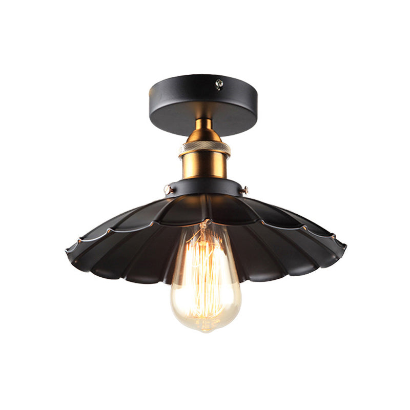 Black Tapered Semi Mount Lighting Factory Iron 1-Head Dining Room Close to Ceiling Light Black Small Scalloped Clearhalo 'Ceiling Lights' 'Close To Ceiling Lights' 'Close to ceiling' 'Semi-flushmount' Lighting' 2024793