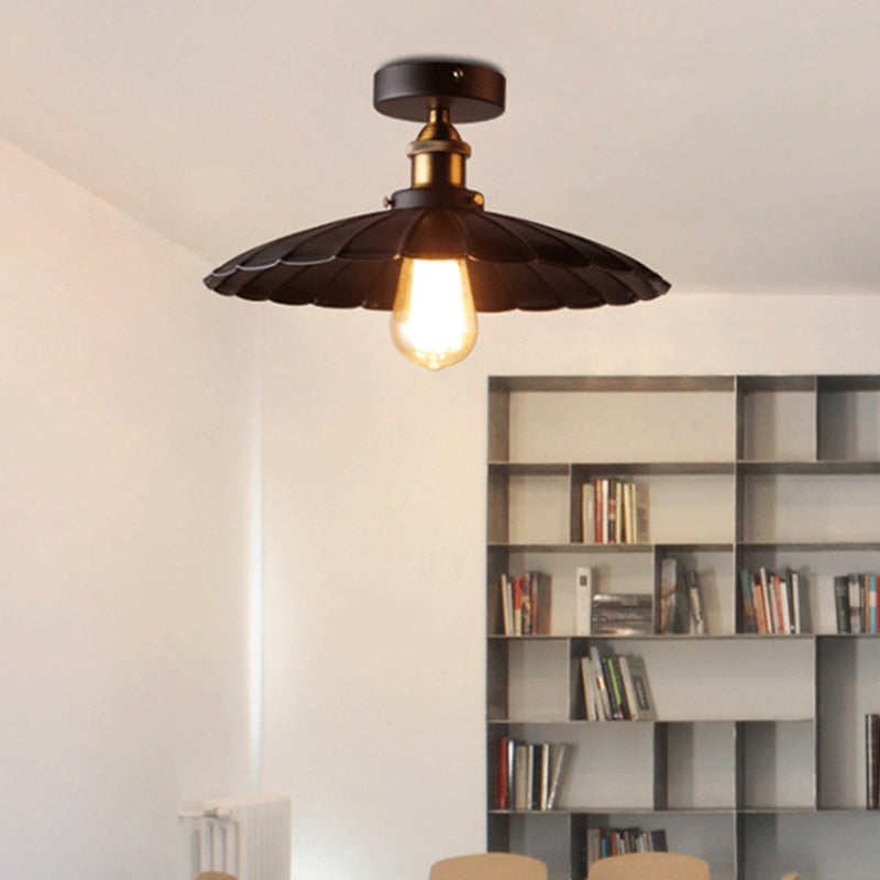 Black Tapered Semi Mount Lighting Factory Iron 1-Head Dining Room Close to Ceiling Light Black Large Scalloped Clearhalo 'Ceiling Lights' 'Close To Ceiling Lights' 'Close to ceiling' 'Semi-flushmount' Lighting' 2024797