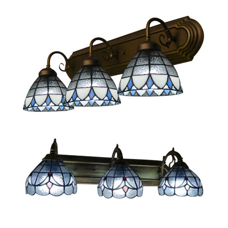 Dome Wall Mount Light with Curved/Arc Arm 3 Lights Stained Glass Vintage Vanity Light for Bathroom Clearhalo 'Industrial' 'Middle century wall lights' 'Tiffany wall lights' 'Tiffany' 'Wall Lamps & Sconces' 'Wall Lights' Lighting' 20250