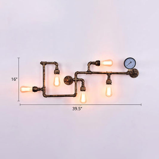 Bronze Wall Sconce Light Steampunk Wrought Iron Maze Shaped Wall Lighting Ideas with Gauge Decoration Clearhalo 'Art deco wall lights' 'Cast Iron' 'Glass' 'Industrial wall lights' 'Industrial' 'Middle century wall lights' 'Modern' 'Rustic wall lights' 'Tiffany' 'Traditional wall lights' 'Wall Lamps & Sconces' 'Wall Lights' Lighting' 2025143