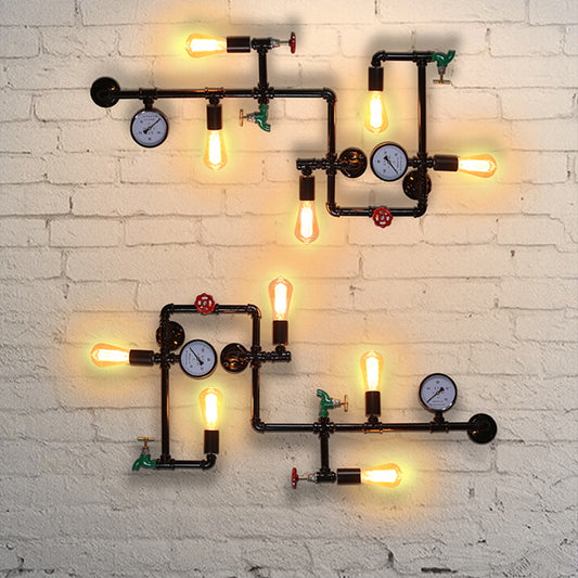 Black Water Pipe Wall Sconce Lighting Industrial Iron Restaurant Wall Light Fixture - Black - A - Clearhalo - 'Art deco wall lights' - 'Cast Iron' - 'Glass' - 'Industrial wall lights' - 'Industrial' - 'Middle century wall lights' - 'Modern' - 'Rustic wall lights' - 'Tiffany' - 'Traditional wall lights' - 'Wall Lamps & Sconces' - 'Wall Lights' - Lighting' - 2025147