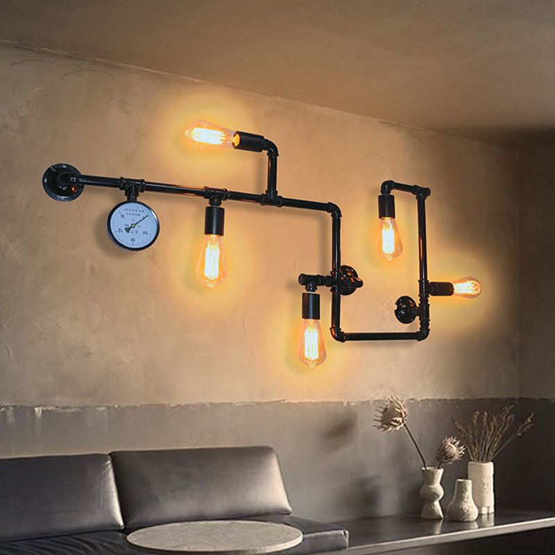 Black Water Pipe Wall Sconce Lighting Industrial Iron Restaurant Wall Light Fixture Black C Clearhalo 'Art deco wall lights' 'Cast Iron' 'Glass' 'Industrial wall lights' 'Industrial' 'Middle century wall lights' 'Modern' 'Rustic wall lights' 'Tiffany' 'Traditional wall lights' 'Wall Lamps & Sconces' 'Wall Lights' Lighting' 2025151
