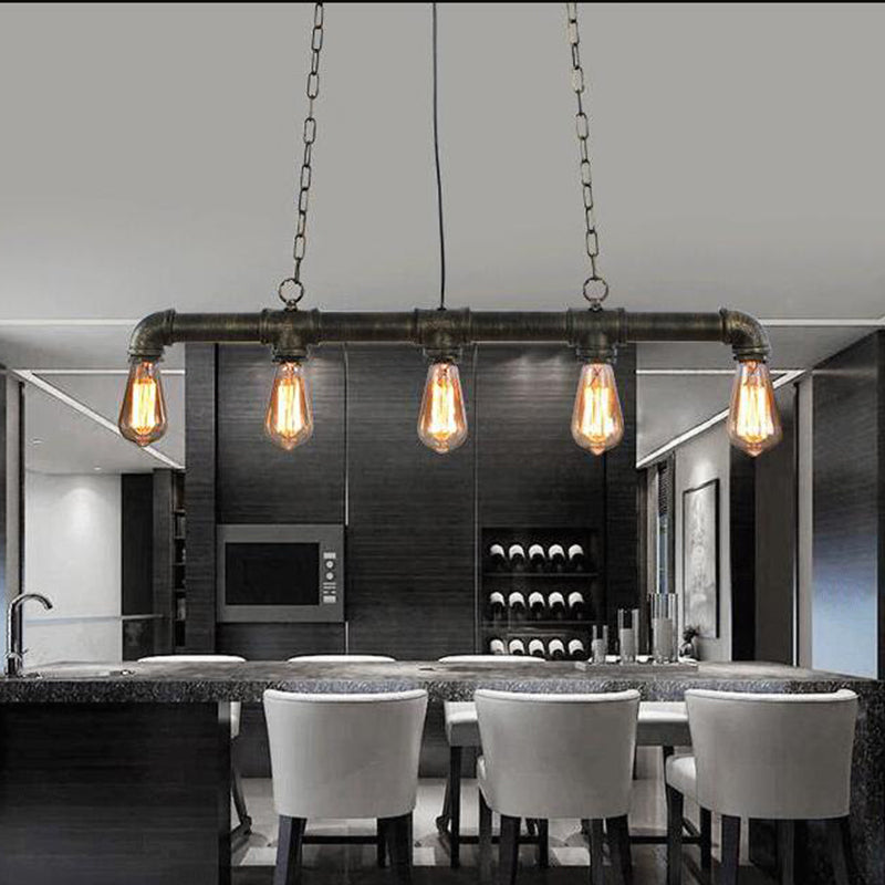 5 Heads Elongated Pipe Island Lamp Farmhouse Metallic Pendant Light Fixture for Dining Room Bronze Clearhalo 'Ceiling Lights' 'Island Lights' Lighting' 2025177