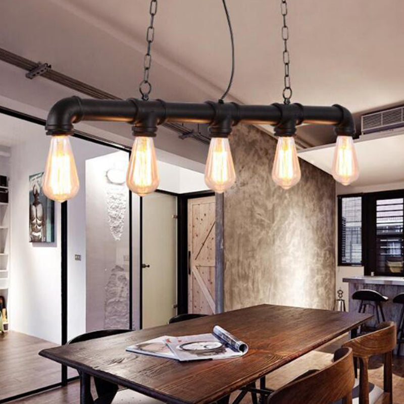 5 Heads Elongated Pipe Island Lamp Farmhouse Metallic Pendant Light Fixture for Dining Room Black Clearhalo 'Ceiling Lights' 'Island Lights' Lighting' 2025179