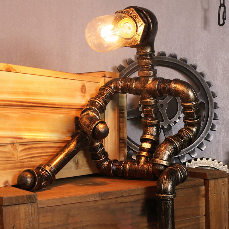 Pipe Man Bedroom Night Light Warehouse Metallic 1 Bulb Brass Nightstand Lamp Brass A Clearhalo 'Lamps' 'Table Lamps' Lighting' 2025194