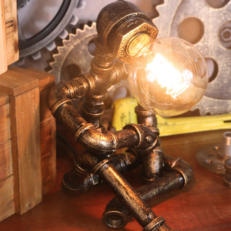 Pipe Man Bedroom Night Light Warehouse Metallic 1 Bulb Brass Nightstand Lamp Brass C Clearhalo 'Lamps' 'Table Lamps' Lighting' 2025196