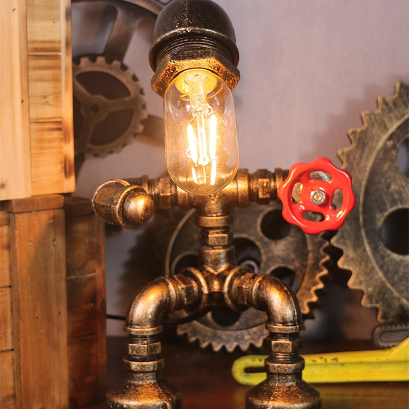 Pipe Man Bedroom Night Light Warehouse Metallic 1 Bulb Brass Nightstand Lamp Brass D Clearhalo 'Lamps' 'Table Lamps' Lighting' 2025197