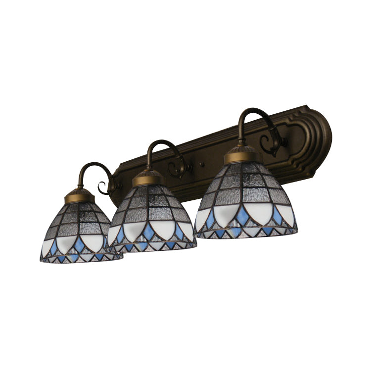 Dome Wall Mount Light with Curved/Arc Arm 3 Lights Stained Glass Vintage Vanity Light for Bathroom Clearhalo 'Industrial' 'Middle century wall lights' 'Tiffany wall lights' 'Tiffany' 'Wall Lamps & Sconces' 'Wall Lights' Lighting' 20252