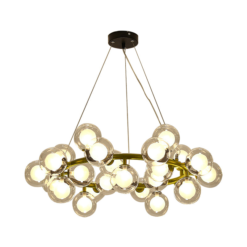 Global Shade Ceiling Light Fixture Modernist Glass 15/25 Bulbs Black/Gold Finish Chandelier Lamp with Metal Ring Clearhalo 'Ceiling Lights' 'Chandeliers' 'Glass shade' 'Glass' 'Modern Chandeliers' 'Modern' Lighting' 202520