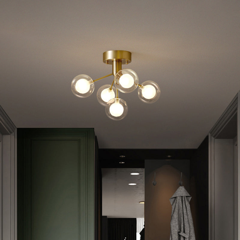 Molecular Semi Flush Light Modernist Dual Glass 5 Lights Close to Ceiling Lamp for Corridor Brass Clearhalo 'Ceiling Lights' 'Close To Ceiling Lights' 'Close to ceiling' 'Semi-flushmount' Lighting' 2025216