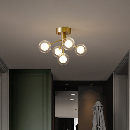 Molecular Semi Flush Light Modernist Dual Glass 5 Lights Close to Ceiling Lamp for Corridor Brass Clearhalo 'Ceiling Lights' 'Close To Ceiling Lights' 'Close to ceiling' 'Semi-flushmount' Lighting' 2025216