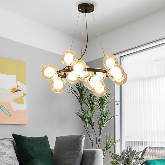 Global Shade Ceiling Light Fixture Modernist Glass 15/25 Bulbs Black/Gold Finish Chandelier Lamp with Metal Ring 15 Black Clearhalo 'Ceiling Lights' 'Chandeliers' 'Glass shade' 'Glass' 'Modern Chandeliers' 'Modern' Lighting' 202521