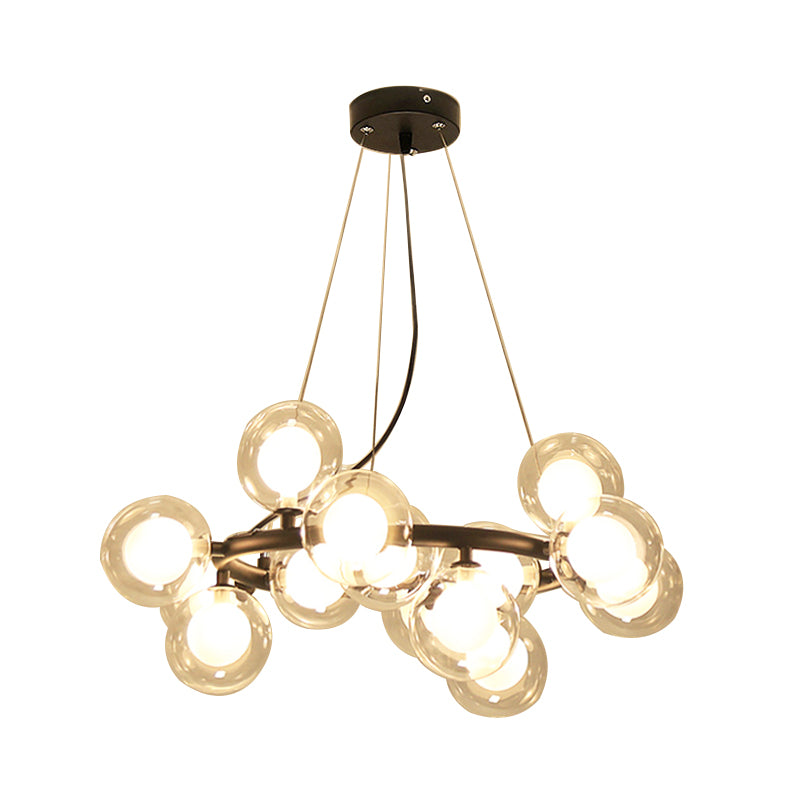 Global Shade Ceiling Light Fixture Modernist Glass 15/25 Bulbs Black/Gold Finish Chandelier Lamp with Metal Ring Clearhalo 'Ceiling Lights' 'Chandeliers' 'Glass shade' 'Glass' 'Modern Chandeliers' 'Modern' Lighting' 202523