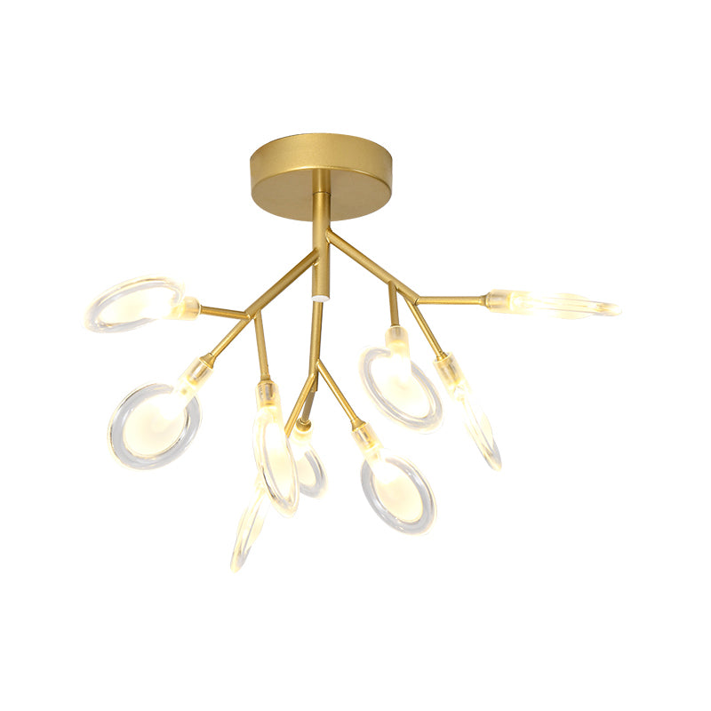 Contemporary 9 Heads Ceiling Lamp Gold Leaf Semi Flush Mount Light with Acrylic Shade for Porch Clearhalo 'Ceiling Lights' 'Close To Ceiling Lights' 'Close to ceiling' 'Semi-flushmount' Lighting' 2025255