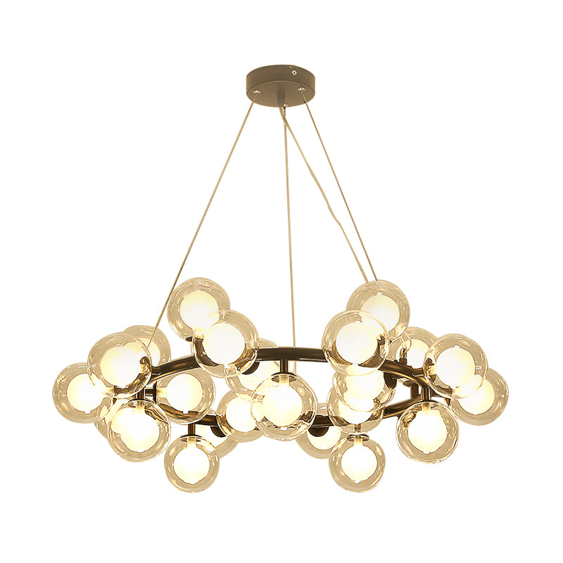 Global Shade Ceiling Light Fixture Modernist Glass 15/25 Bulbs Black/Gold Finish Chandelier Lamp with Metal Ring Clearhalo 'Ceiling Lights' 'Chandeliers' 'Glass shade' 'Glass' 'Modern Chandeliers' 'Modern' Lighting' 202527
