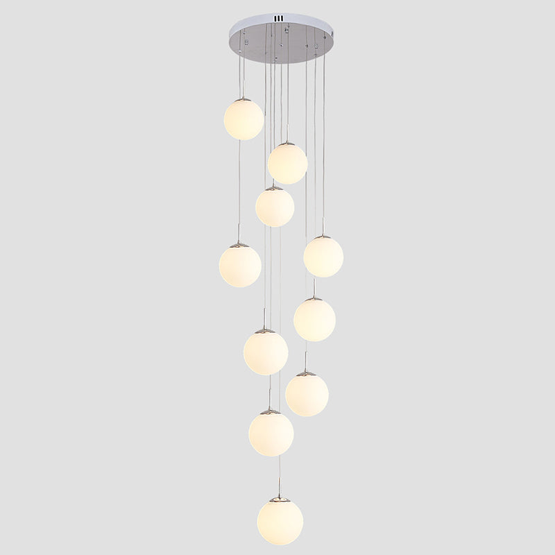 10 Heads Stairs Cluster Pendant Light Simple Silver Drop Lamp with Spherical Cream Glass Shade Clearhalo 'Ceiling Lights' 'Modern Pendants' 'Modern' 'Pendant Lights' 'Pendants' Lighting' 2025385
