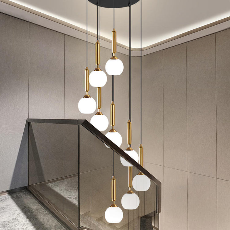 Opal Glass Global Multiple Hanging Light Simplicity Suspension Lighting for Stairs 9 Gold Clearhalo 'Ceiling Lights' 'Modern Pendants' 'Modern' 'Pendant Lights' 'Pendants' Lighting' 2025398