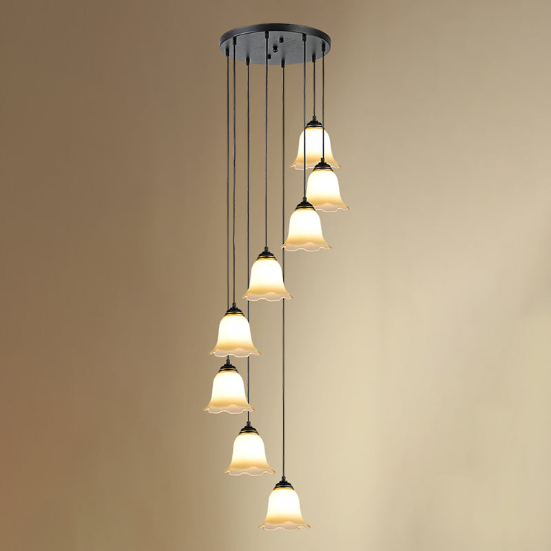 Flower Stairs Multi Pendant Light Frosted Glass Minimalist Suspension Lighting in Black with Round Canopy Clearhalo 'Ceiling Lights' 'Modern Pendants' 'Modern' 'Pendant Lights' 'Pendants' Lighting' 2025570