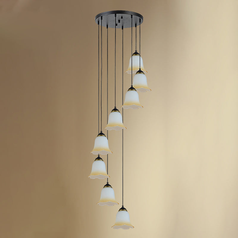 Flower Stairs Multi Pendant Light Frosted Glass Minimalist Suspension Lighting in Black with Round Canopy Clearhalo 'Ceiling Lights' 'Modern Pendants' 'Modern' 'Pendant Lights' 'Pendants' Lighting' 2025571