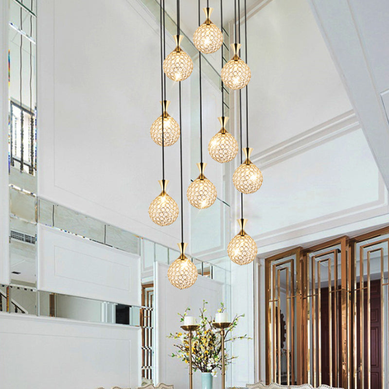 Ball Spiral Cluster Pendant Light Modern Crystal Embedded 10-Light Hanging Lighting Clearhalo 'Ceiling Lights' 'Modern Pendants' 'Modern' 'Pendant Lights' 'Pendants' Lighting' 2025609