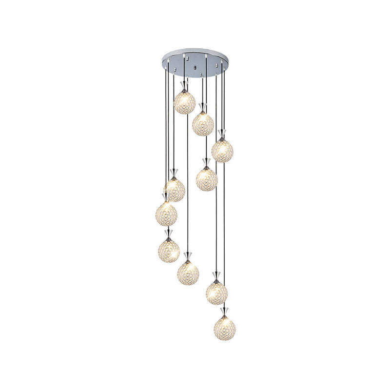 Ball Spiral Cluster Pendant Light Modern Crystal Embedded 10-Light Hanging Lighting Clearhalo 'Ceiling Lights' 'Modern Pendants' 'Modern' 'Pendant Lights' 'Pendants' Lighting' 2025610