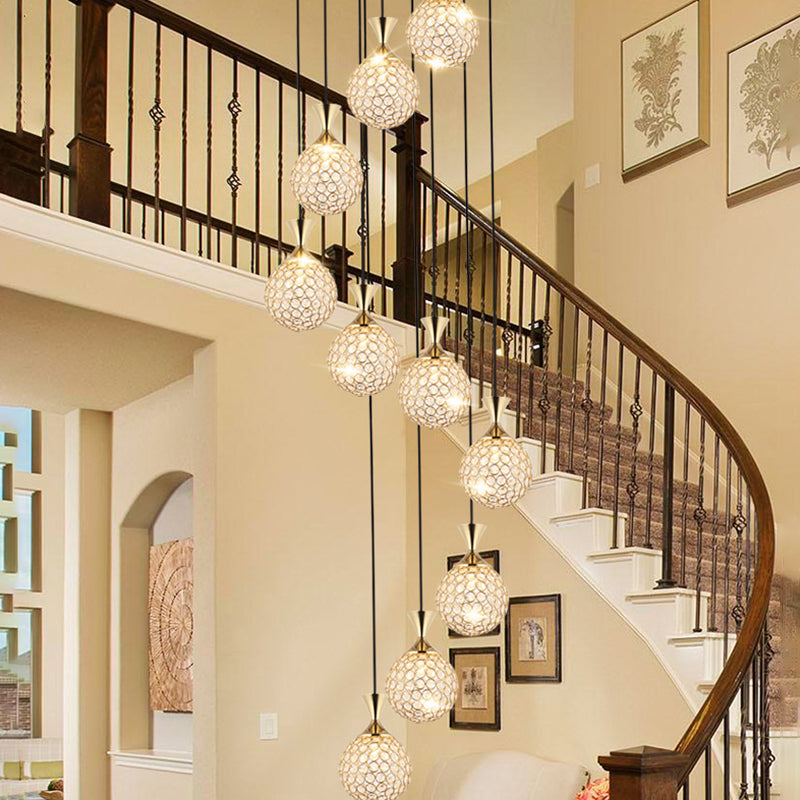Ball Spiral Cluster Pendant Light Modern Crystal Embedded 10-Light Hanging Lighting Gold Round Clearhalo 'Ceiling Lights' 'Modern Pendants' 'Modern' 'Pendant Lights' 'Pendants' Lighting' 2025612
