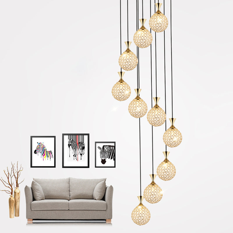 Ball Spiral Cluster Pendant Light Modern Crystal Embedded 10-Light Hanging Lighting Clearhalo 'Ceiling Lights' 'Modern Pendants' 'Modern' 'Pendant Lights' 'Pendants' Lighting' 2025613